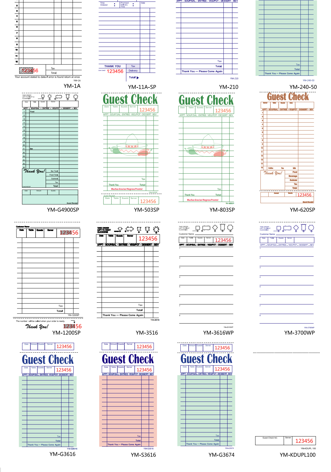 guest check printing layout examples for custom restaurant checks with fields rows numbering and color options