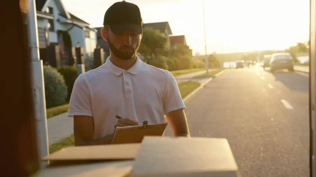 Delivery worker writing on a clipboard beside a delivery vehicle