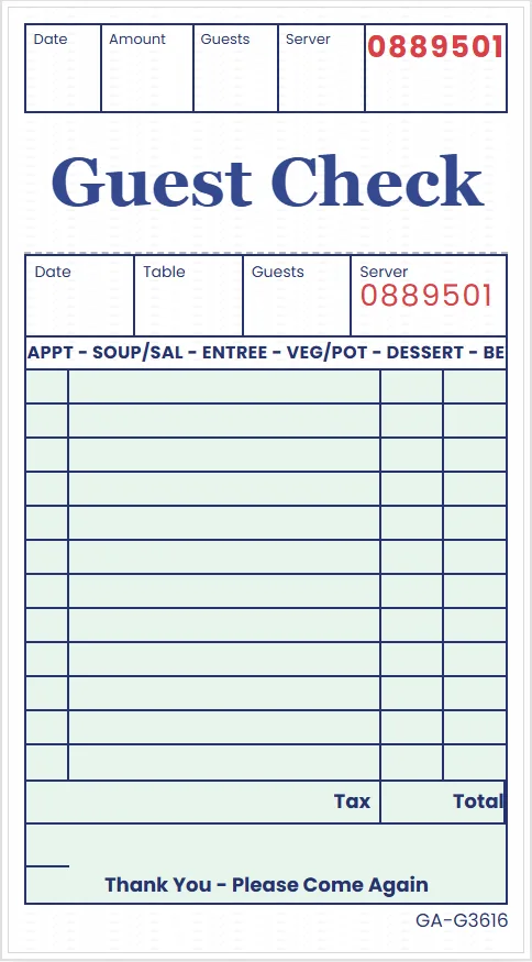 restaurant paper printing example showing a numbered guest check