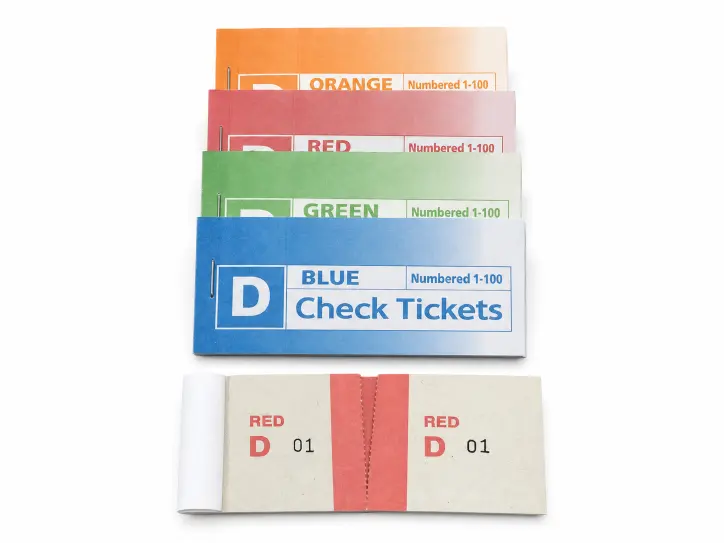 Matching numbered check ticket and perforated tear-off stub