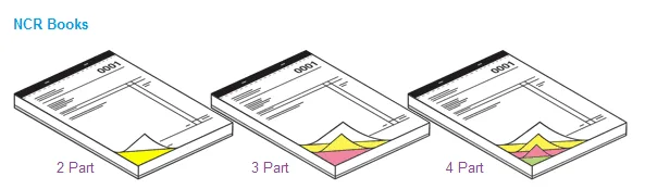 NCR books with 2-part, 3-part and 4-part copies