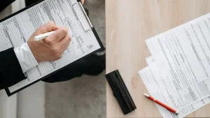 Person completing a printed form on a clipboard before the copies are routed