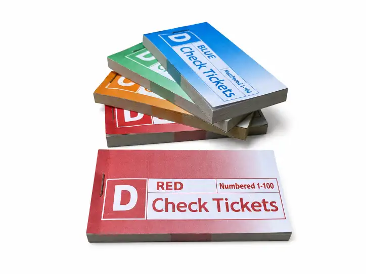 Numbered ticket printing examples with colored check ticket books
