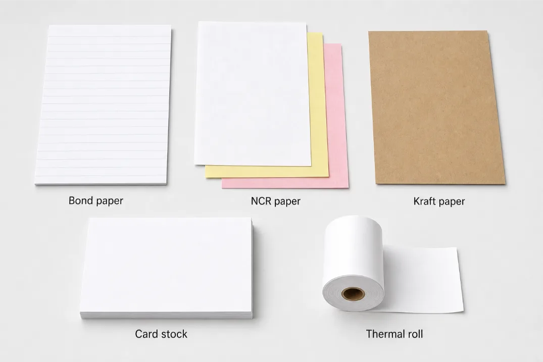 Printing guides showing paper materials and color options