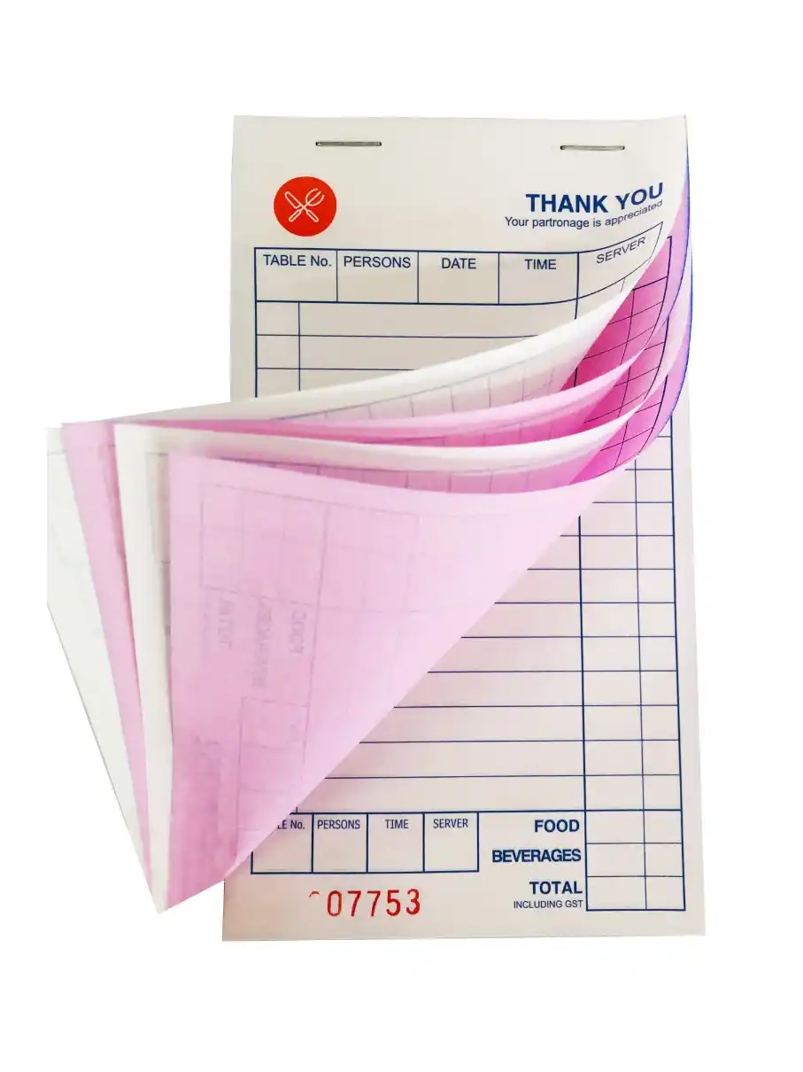 Stapled NCR form book with colored carbonless copies