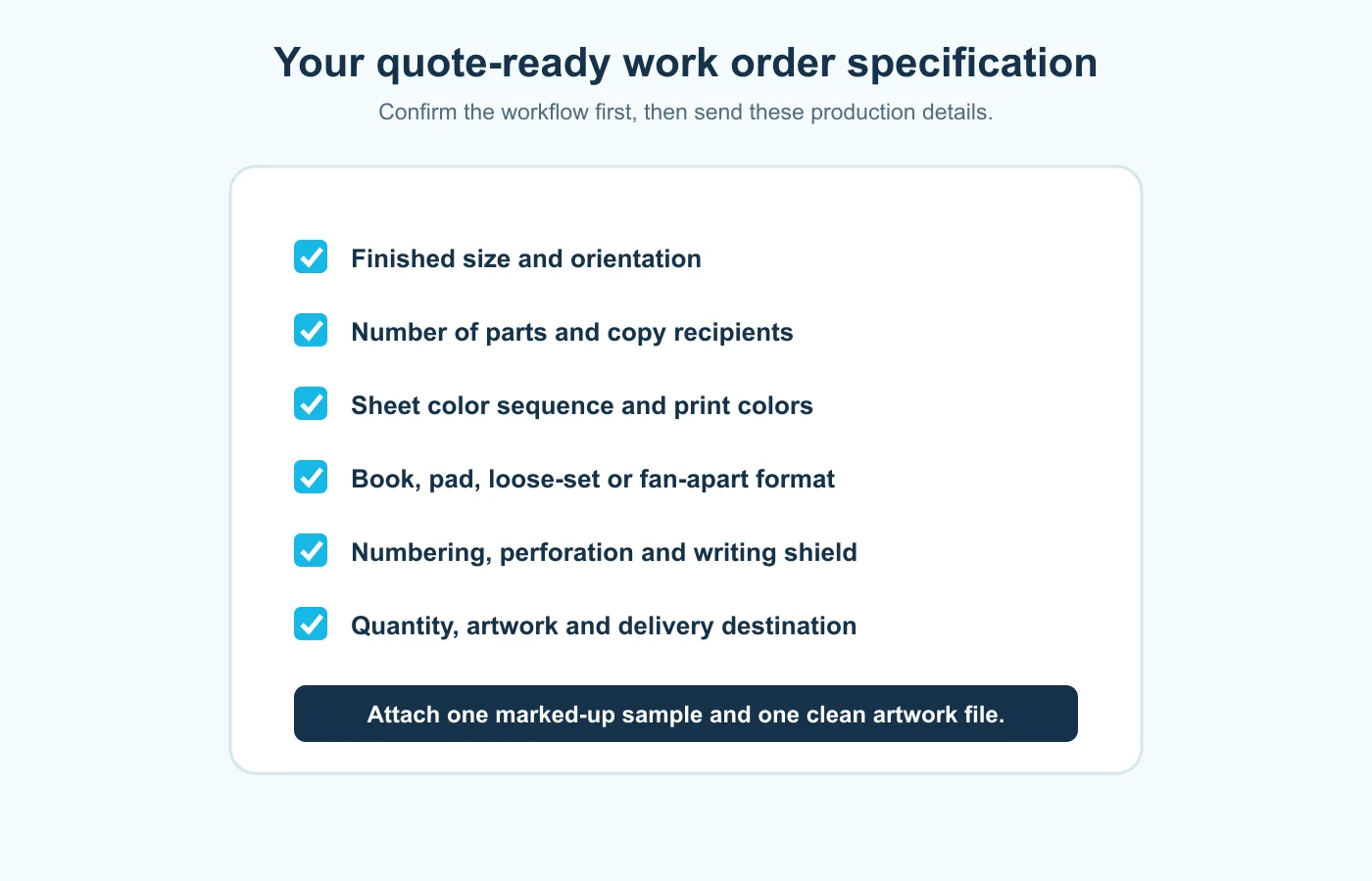 Checklist of print specifications for ordering custom work order forms
