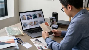 Procurement manager comparing B2B sourcing channels for custom printing