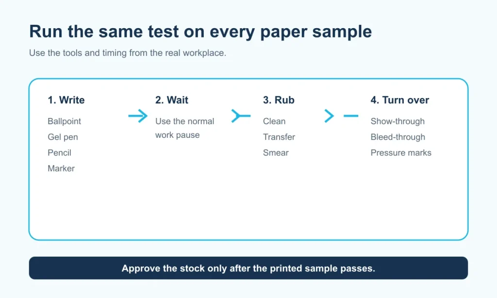 Four-step pen test for custom notepad paper