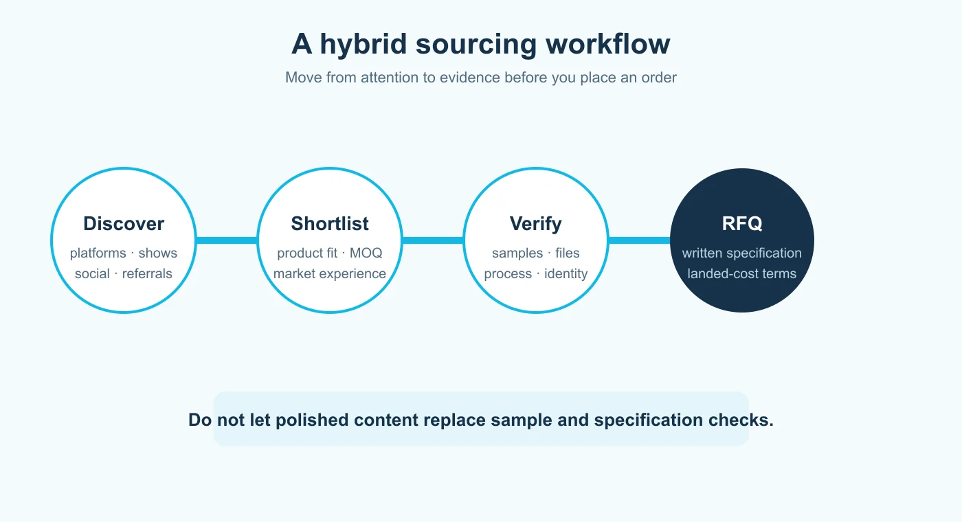 Hybrid B2B sourcing workflow from supplier discovery to a formal request for quotation