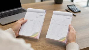 Small-business buyer comparing invoice book vs receipt book