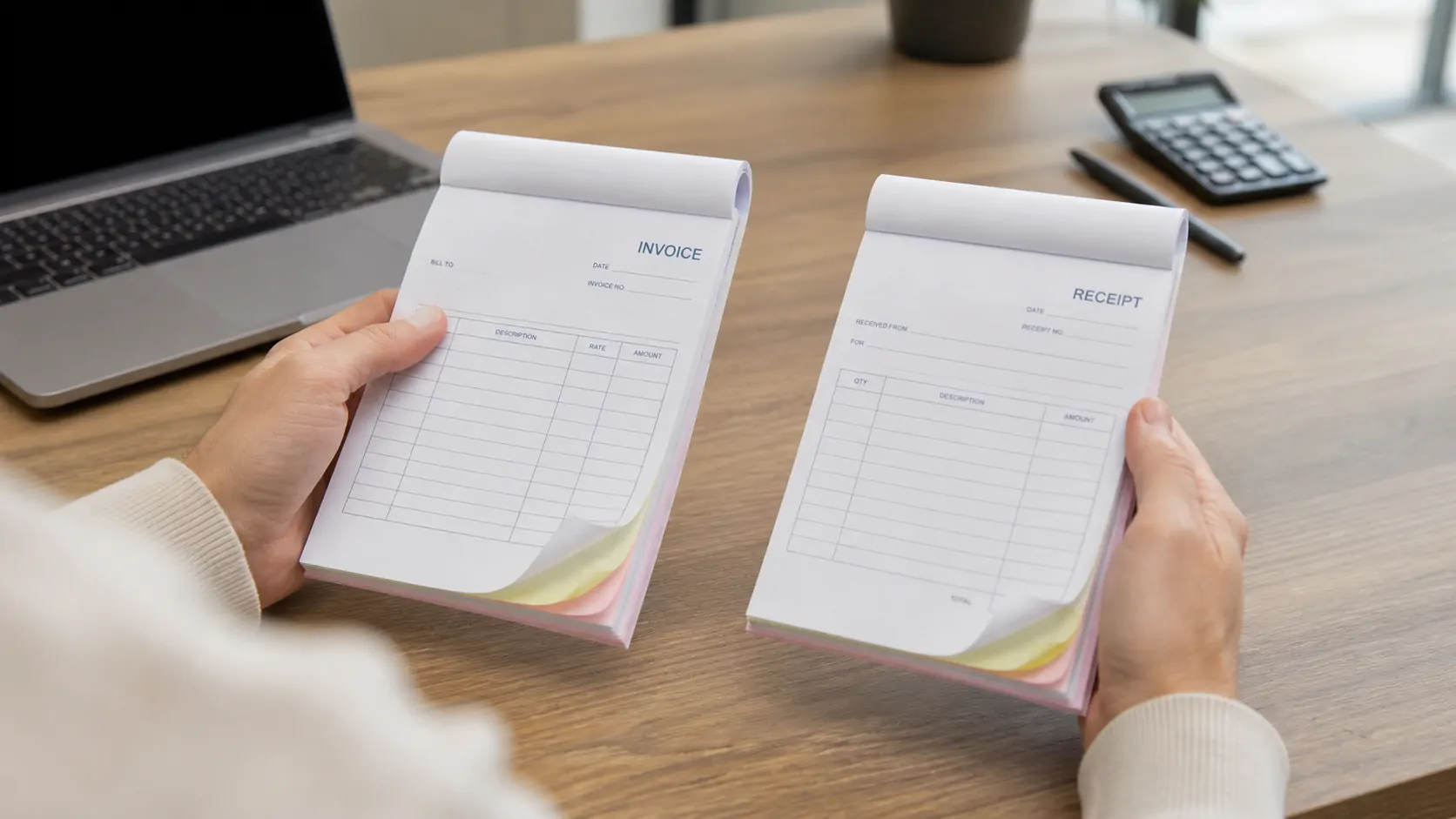 Small-business buyer comparing invoice book vs receipt book