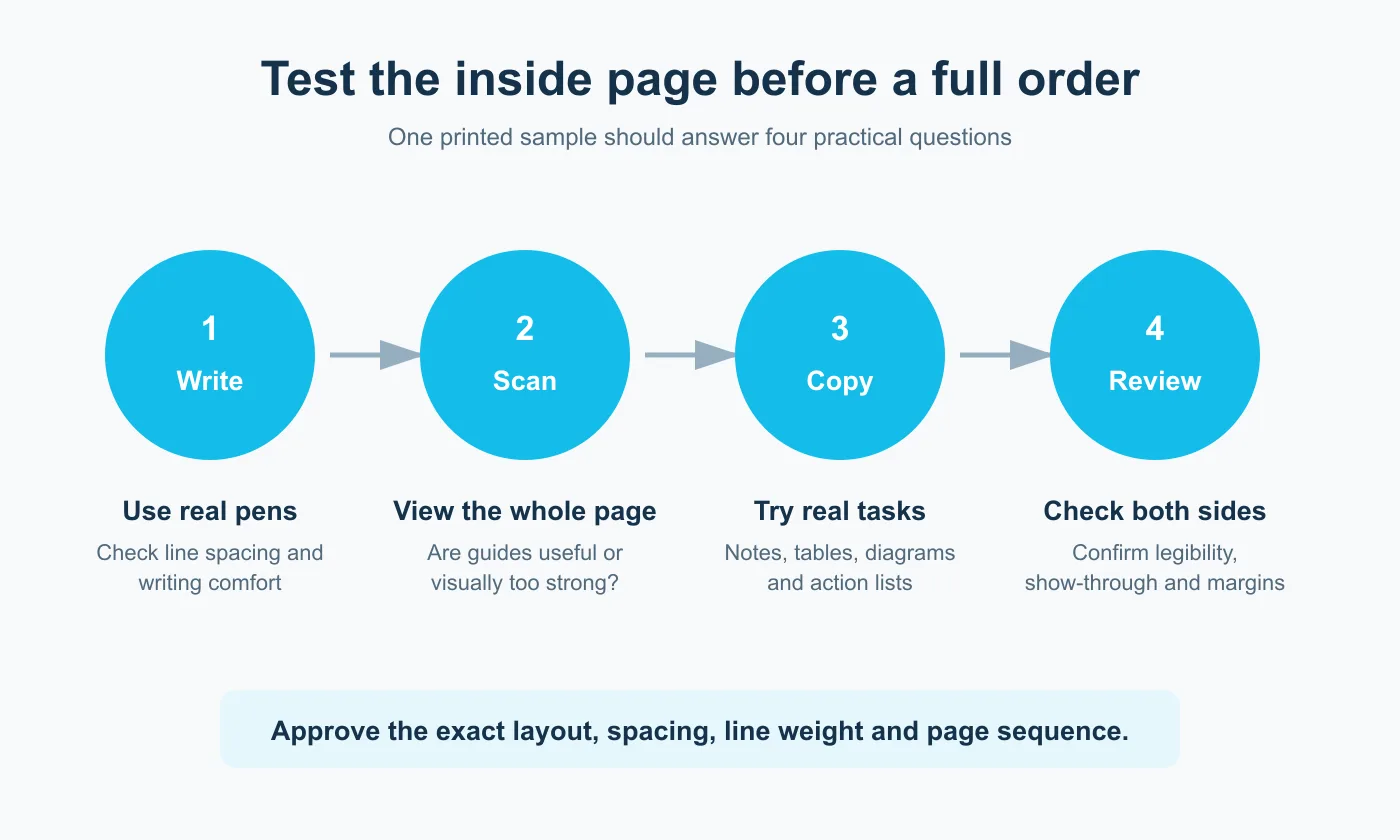 Four-step test for a printed custom notebook page sample