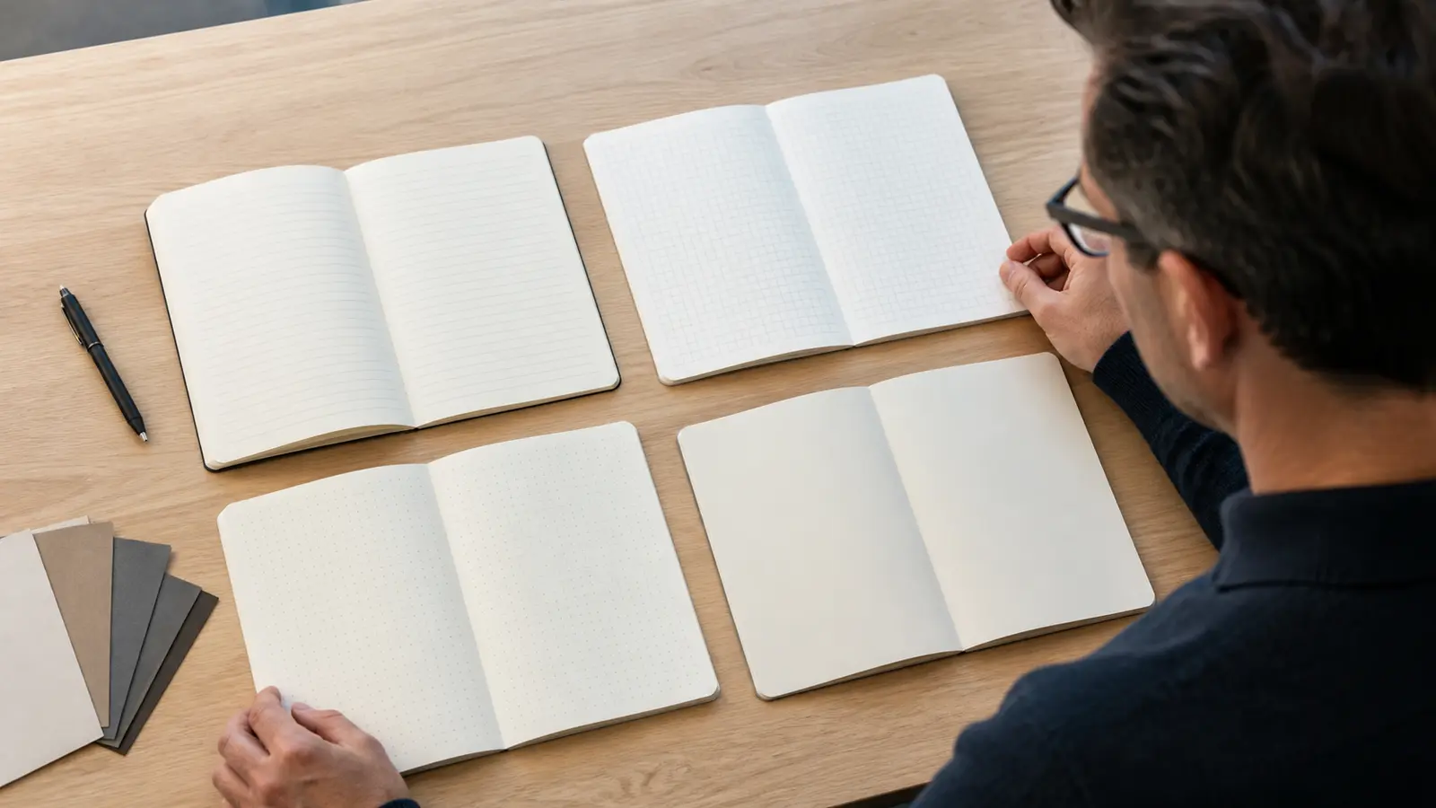 Notebook page layouts with ruled, grid, dot grid and blank pages