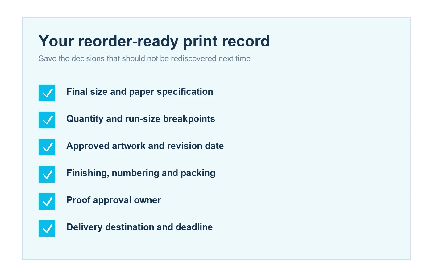 Checklist for a reusable print order specification