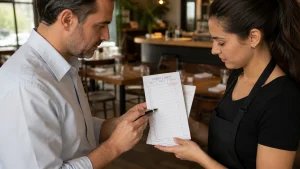 Restaurant manager and server reviewing what a restaurant guest check should include