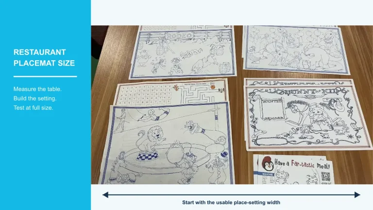 Restaurant placemat size guide using printed activity placemats as a measuring example