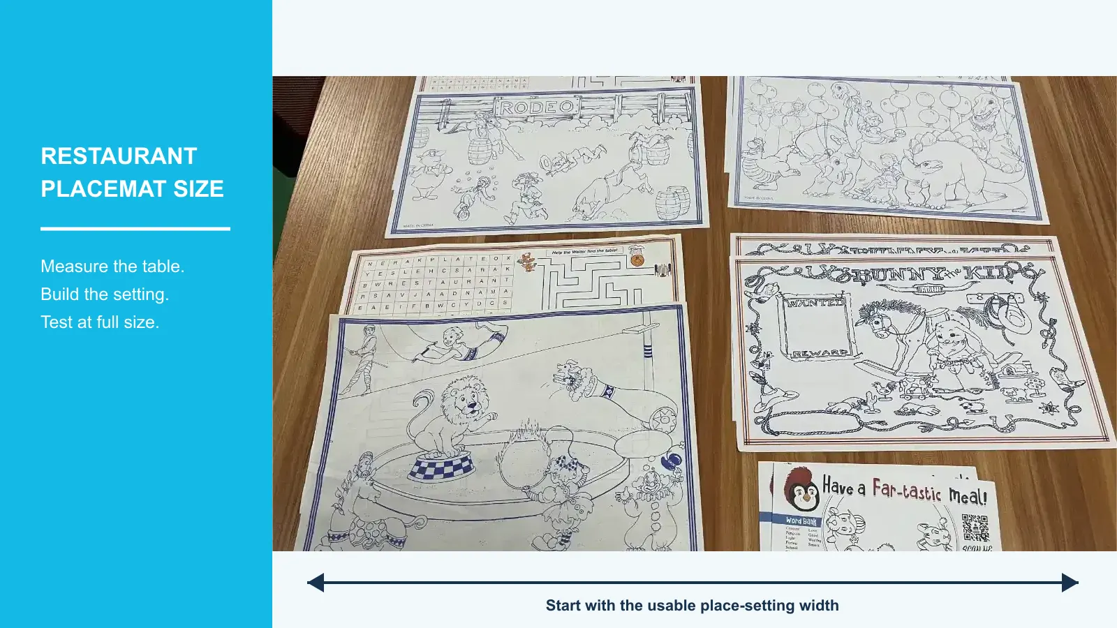 Restaurant placemat size guide using printed activity placemats as a measuring example