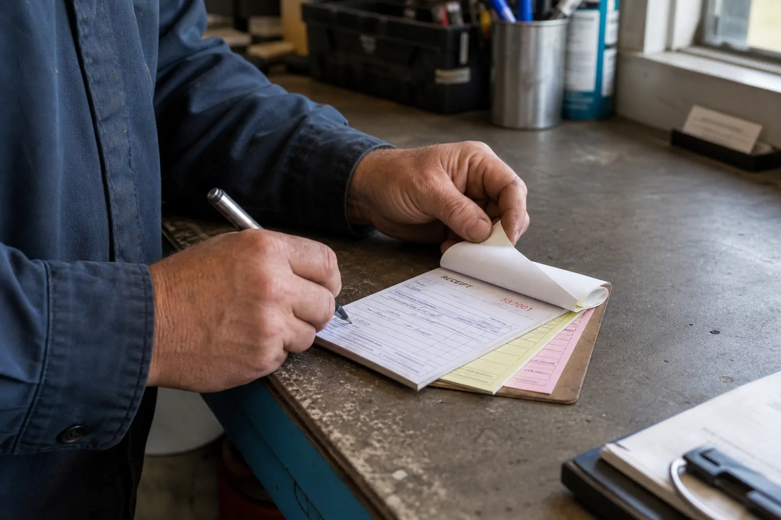 Technician writing in a numbered multipart receipt book