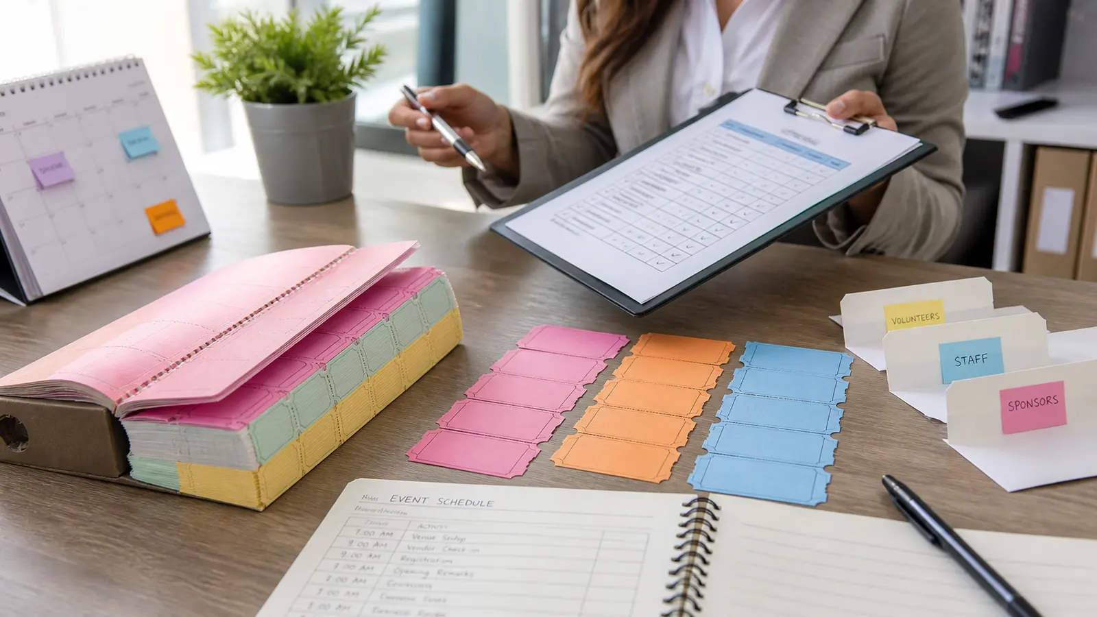 Event coordinator comparing ticket books vs loose tickets for distribution