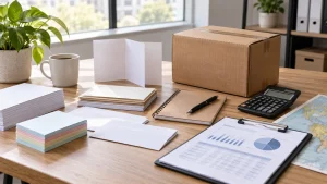 Paper samples, shipping carton and calculator on a purchasing desk