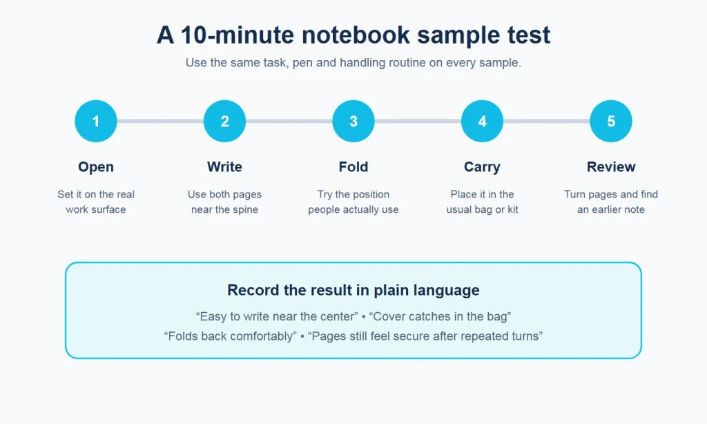 Five-step sample test for comparing notebook binding types