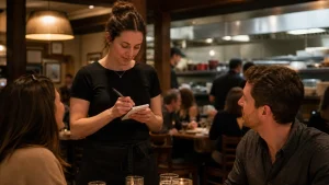 Restaurant server writing a guest check while confirming an order at the table