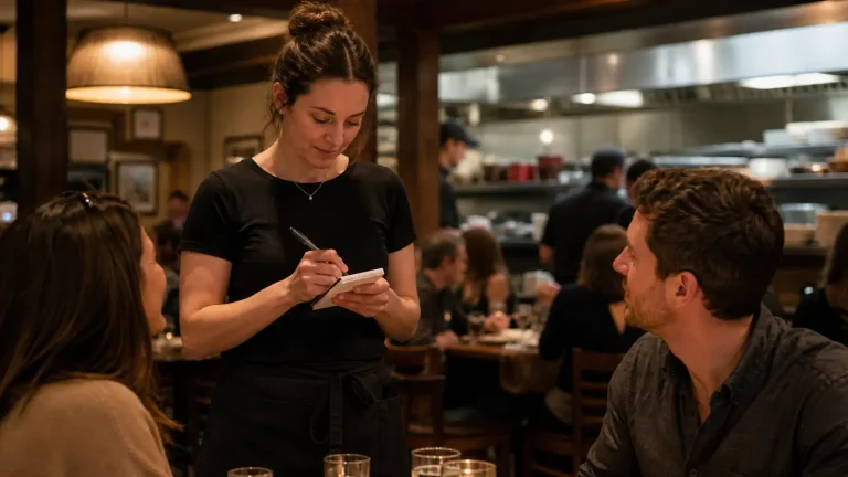 Restaurant server writing a guest check while confirming an order at the table